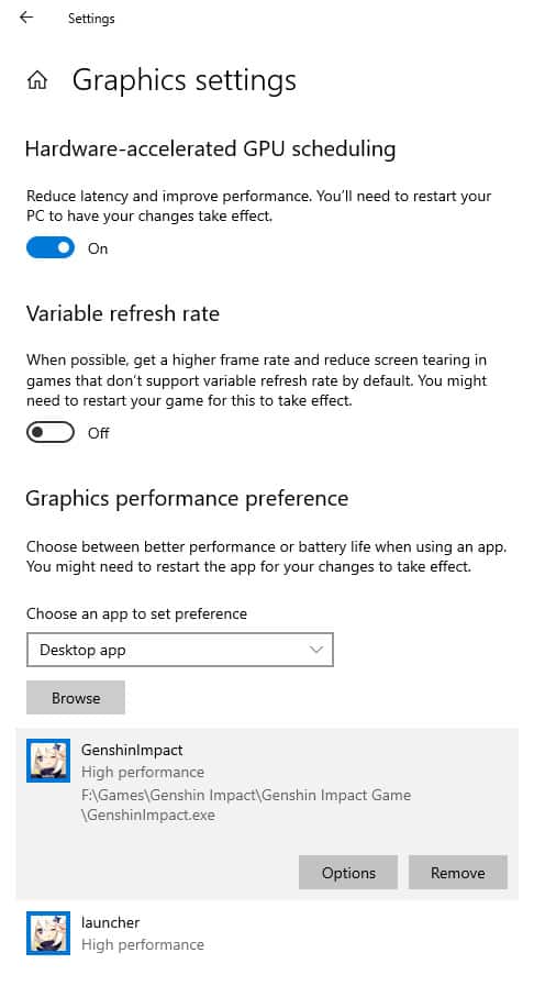 Genshin Impact Windows 10 graphics settings