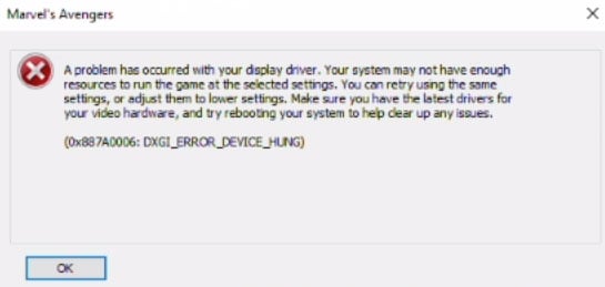 Marvel's Avengers DXGI_ERROR_DEVICE_HUNG