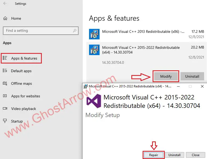 repair Visual C++ redistributables