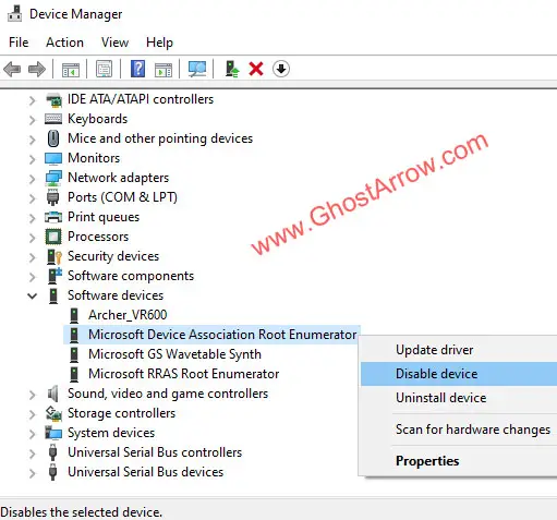 Disable Microsoft Device Association Root Enumerator