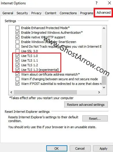 Internet Options - TLS