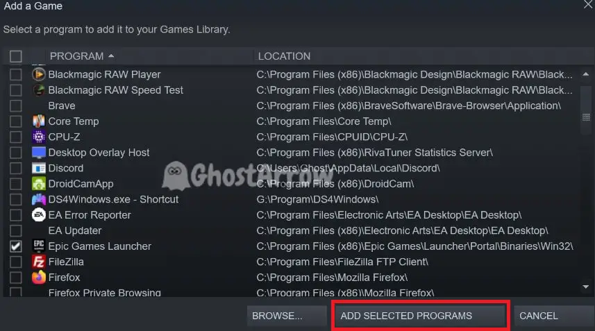 Add Selected Programs - Epic Games Launcher