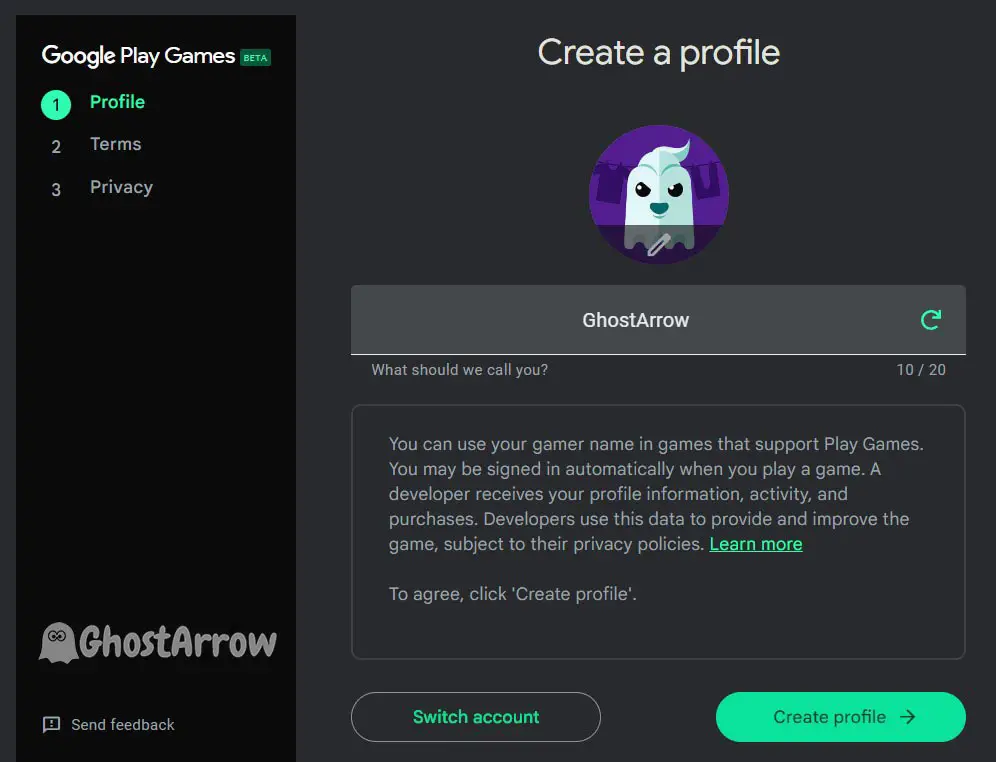 Create profile - Google Play Games