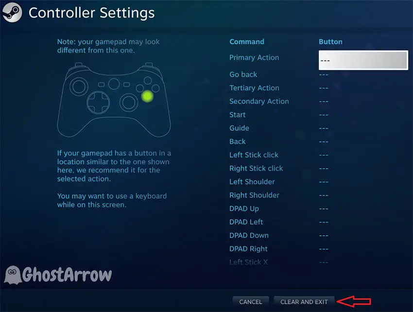 Steam Controller Settings - Clear and Exit